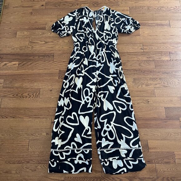 Anthropologie Pants - NWOT Anthropologie Farm Rio Sinead Hearts Jumpsuit Black White Sz L Puff Sleeve